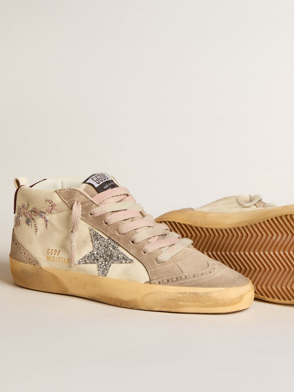 Women's Mid Star in nappa leather with floral embroidery and silver glitter star